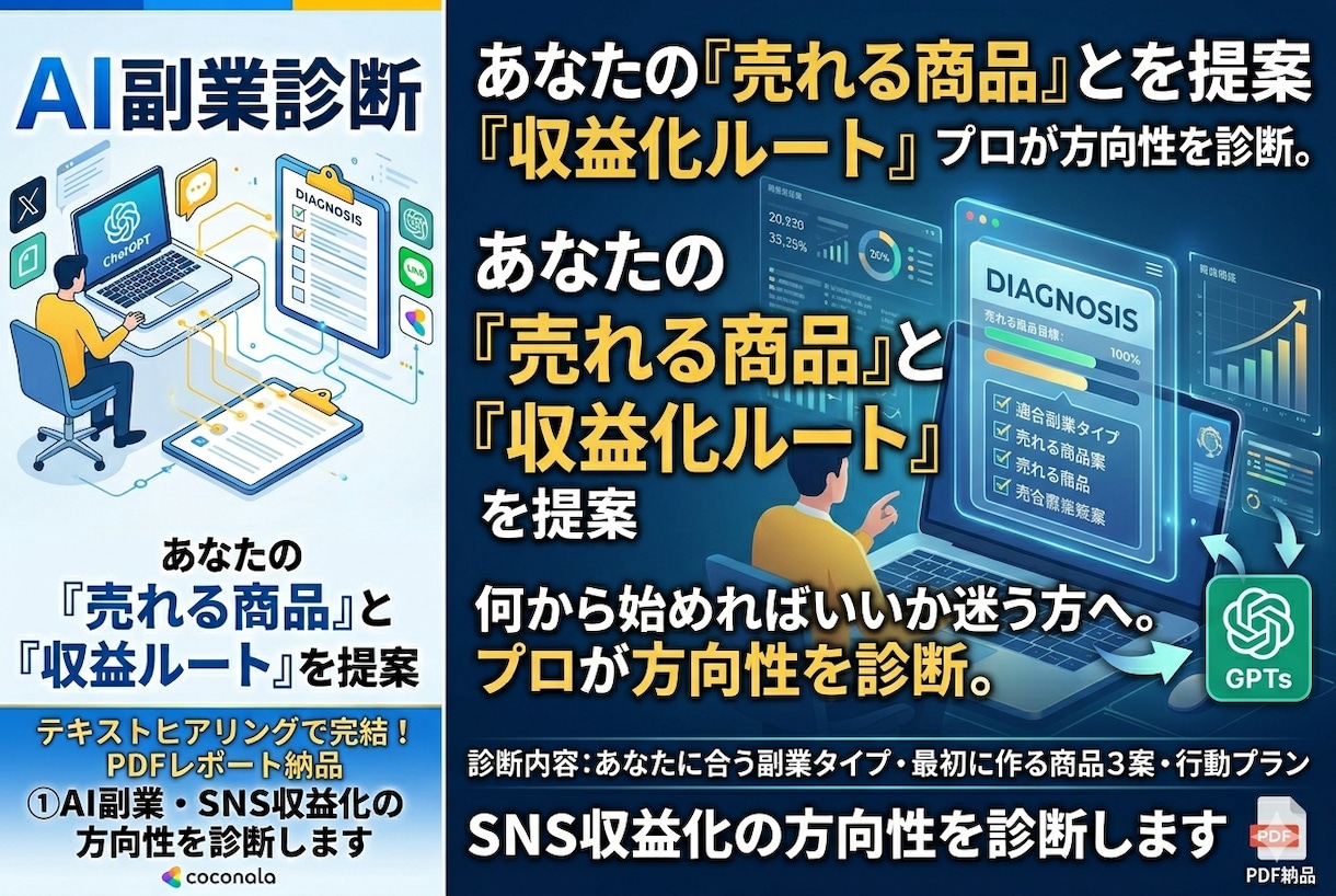 AI副業・SNS収益化の方向性を診断します ココナラ・note・LINEで売る商品設計を提案します イメージ1