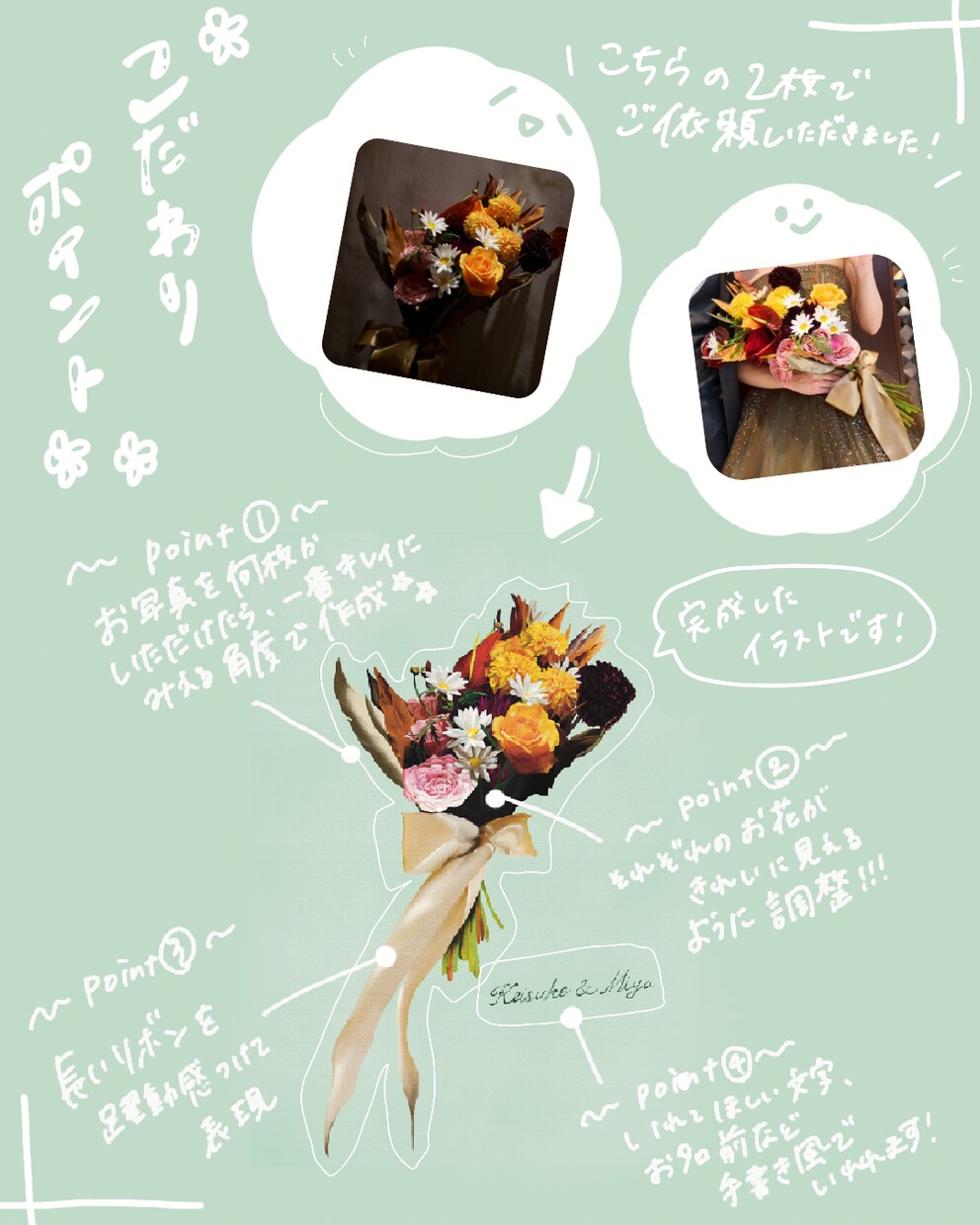 海外風絵画のタッチでブーケのイラストを作成します 結婚式・記念日でもらった思い出のブーケを形に残しませんか？ イメージ4