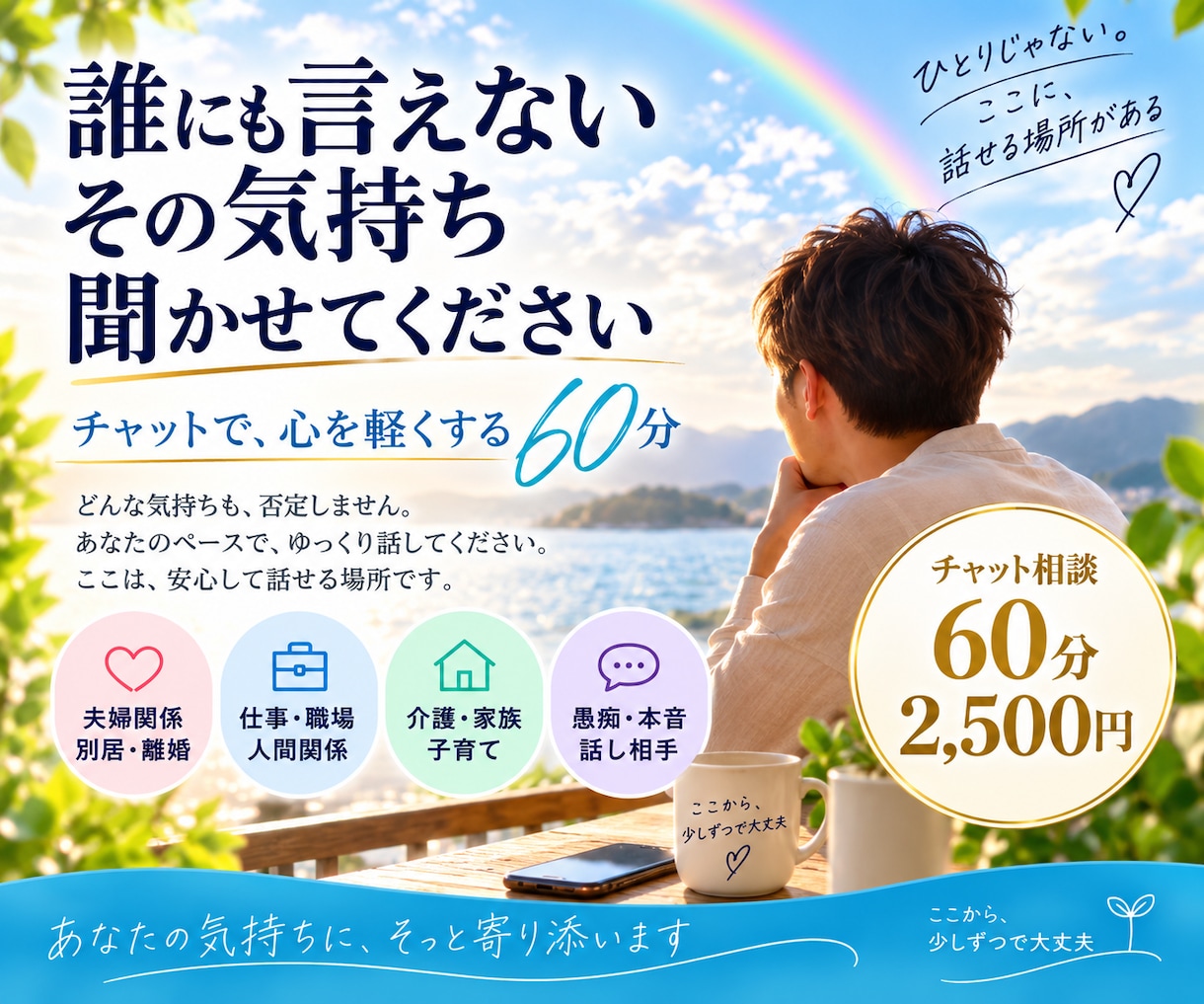誰にも言えないあなたの気持ちをじっくり聞きます 悩み・愚痴の話し相手に。チャットで優しく寄り添います イメージ1