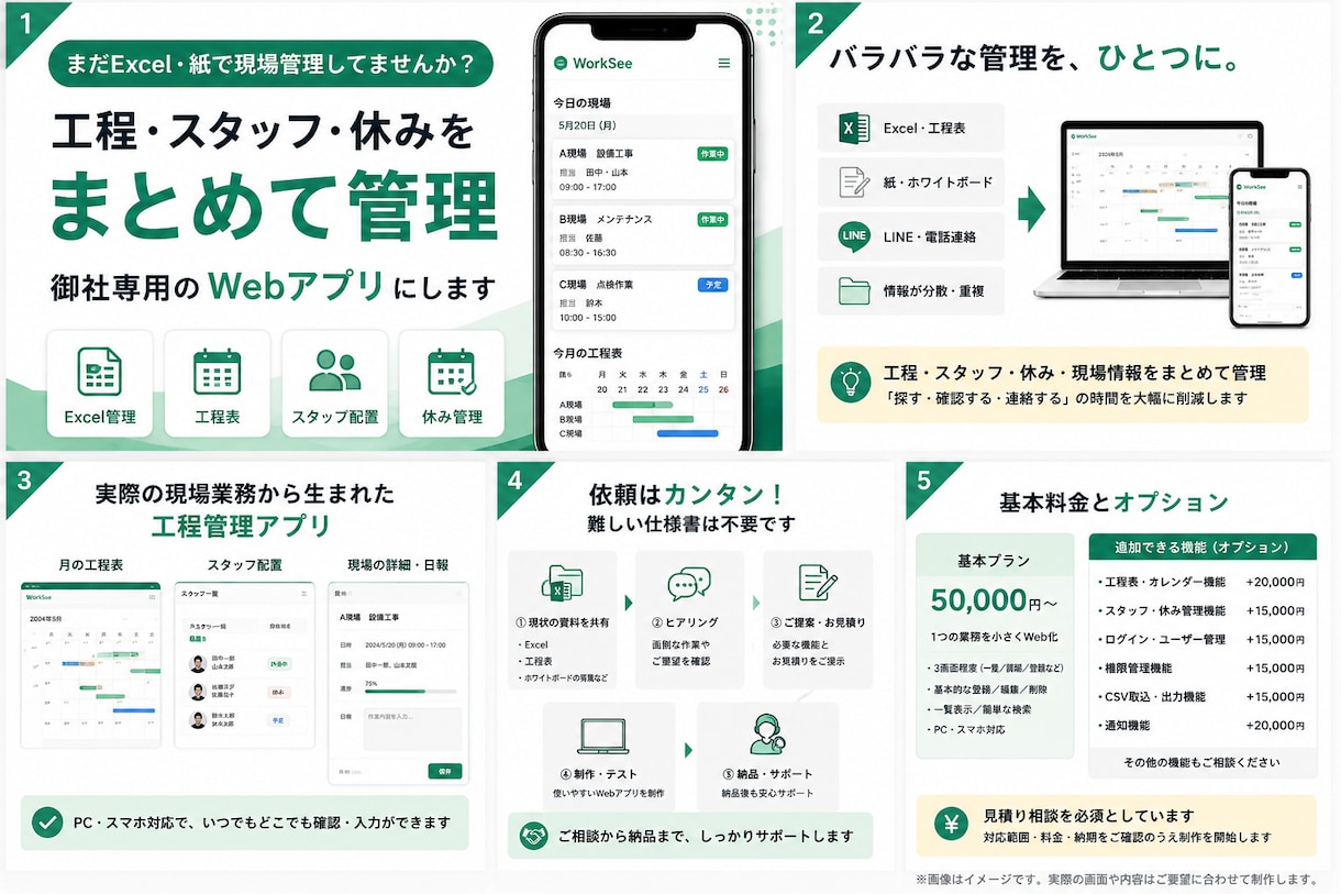 紙・Excelの現場管理をWeb化します 今の管理表から御社専用アプリを制作 イメージ2