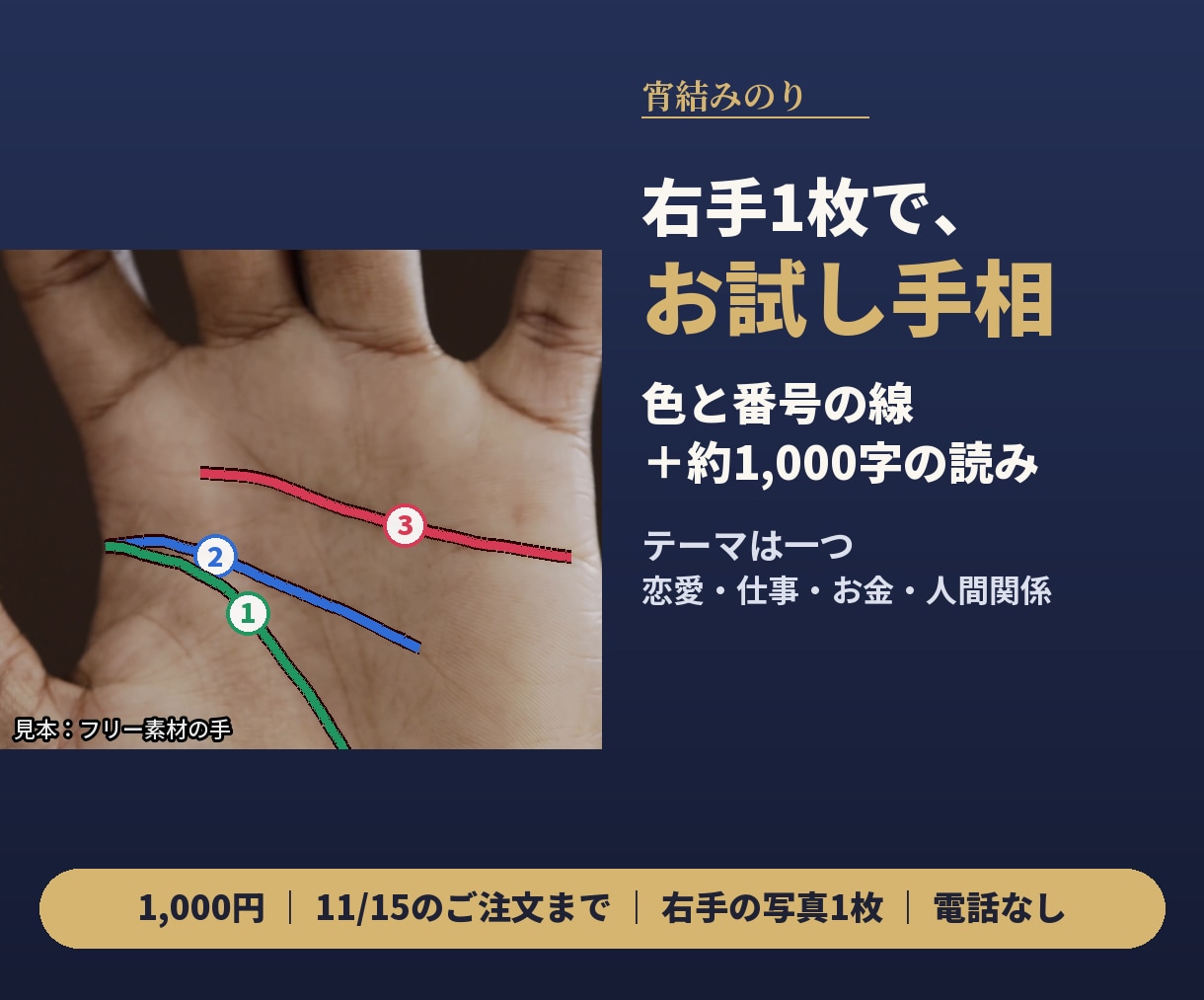 画像付き｜右手1枚でテーマ1つを手相で占います 色と番号の線画像＋約1,000字。右手の写真1枚だけ イメージ1