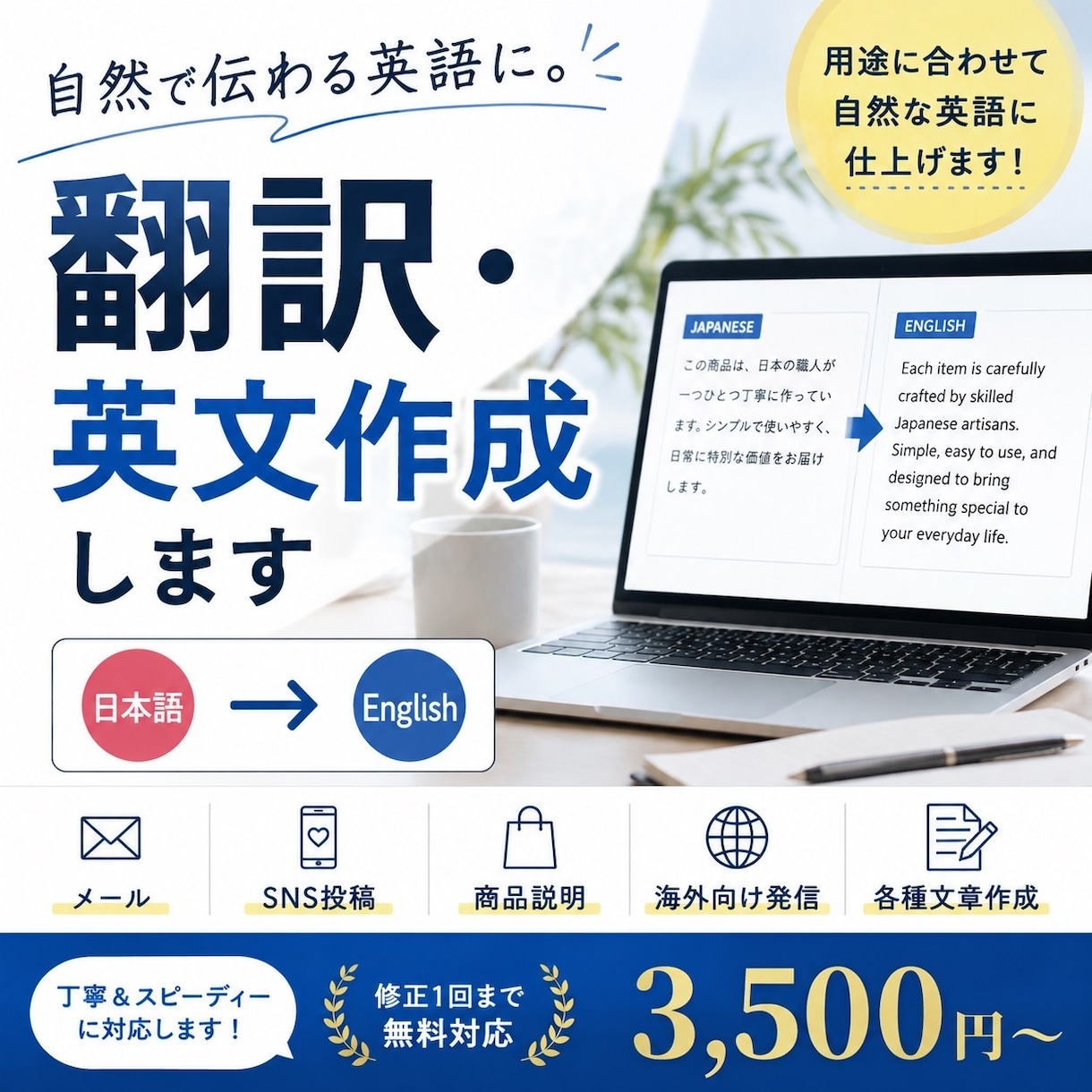 日本語を「自然で伝わる英語」にします 用途や相手に合わせて自然な表現に整えます。 イメージ1