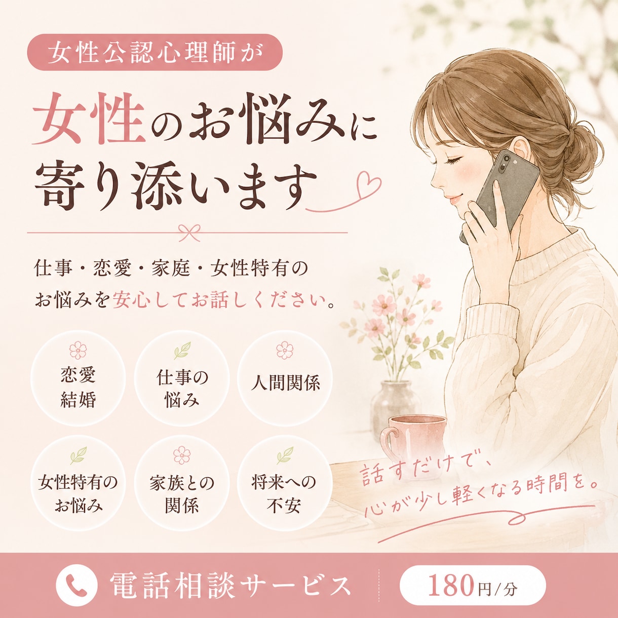 女性だから話しやすいお悩み公認心理師がお聴きします 女性ならではのお悩みを安心してお話しください。 イメージ2