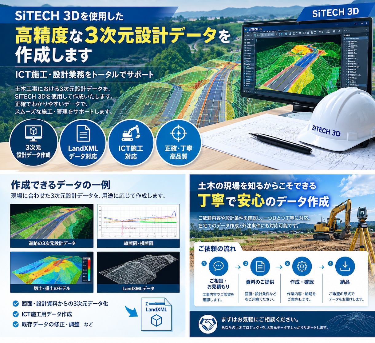 民間工事及び公共工事の3次元設計データ作成します SiTECH 3Dを活用し、正確で丁寧なデータを作成します！ イメージ1