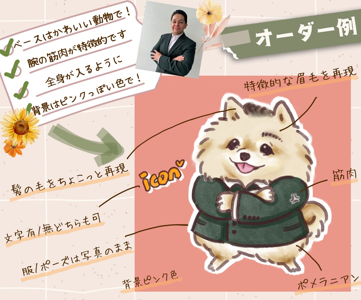 表情差分3つ付！あなたを動物に変身させます 人間のままデフォルメ化も可能！社用や商用アイコンにも！ イメージ2