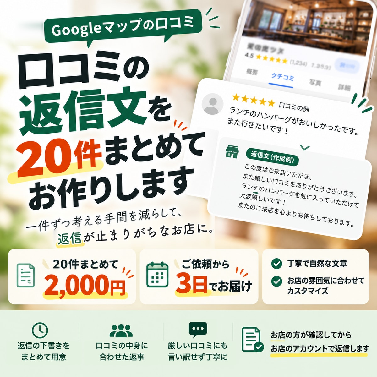 Googleの口コミ返信文を20件まとめて作ります お店が確かめて返せる、口コミ返信の下書きです イメージ1