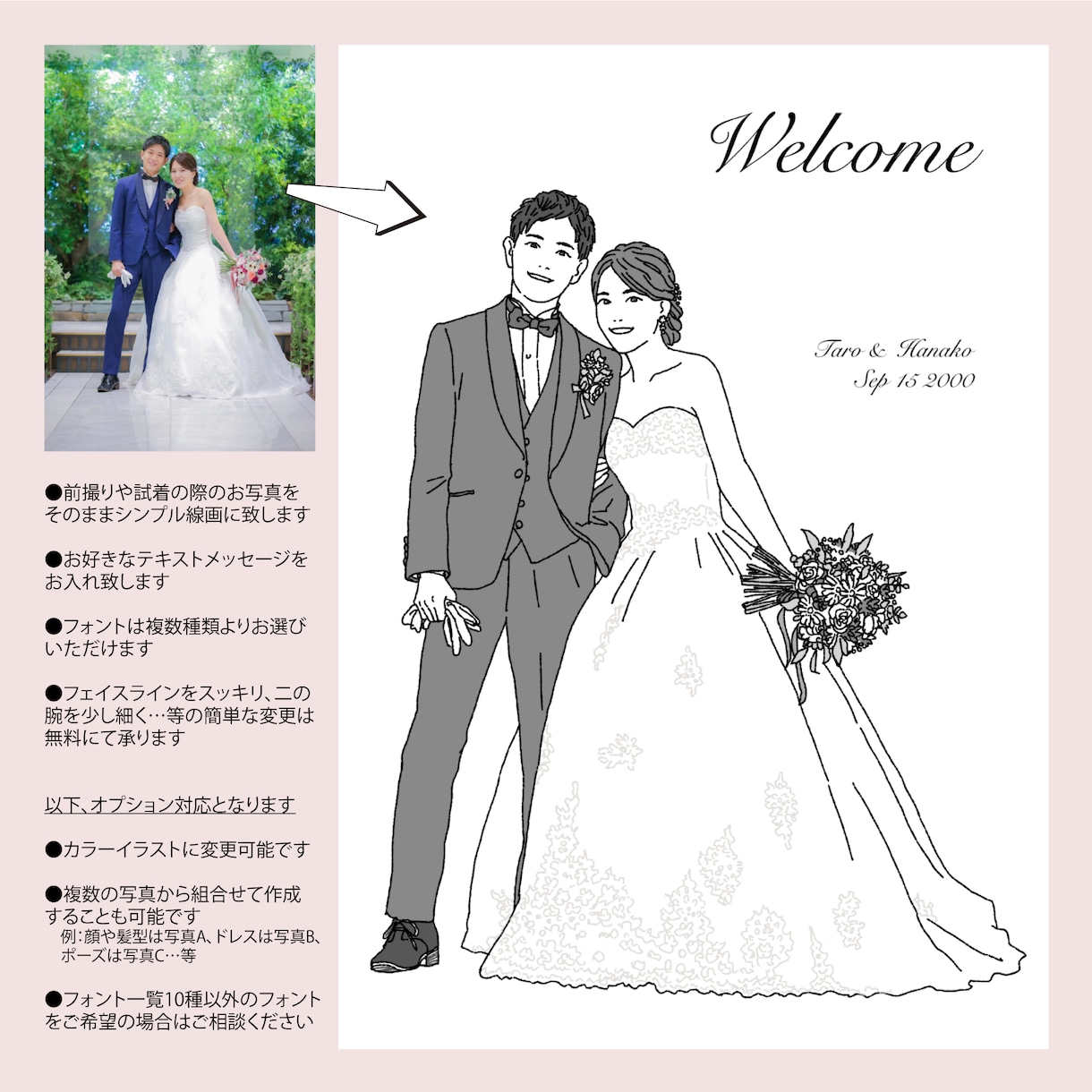 シンプルで優しい雰囲気のウェルカムボード制作します 味わいのある手描きの似顔絵イラスト・水彩風カラーにも変更可能 イメージ3