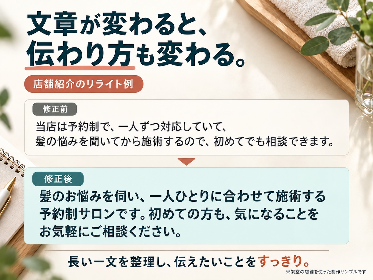 店舗・商品の紹介文を読みやすくリライトします 合計1500字・3点まで｜見出し提案・修正1回込み イメージ2