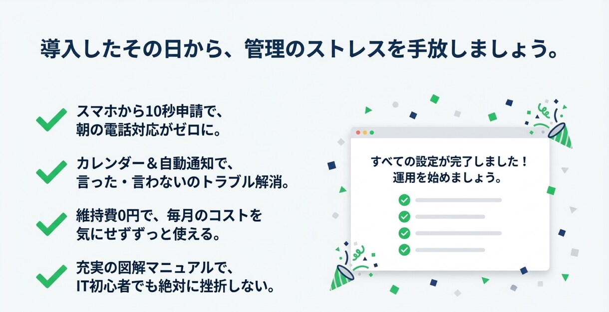 欠勤連絡システム：毎朝の電話対応から解放します 導入はダウンロードと設定だけ、運用はQRコードを貼るだけ イメージ9