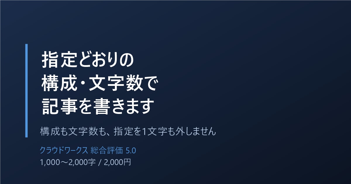 指定どおりの構成・文字数で記事を書きます 構成も文字数も、指定を1文字も外しません イメージ1