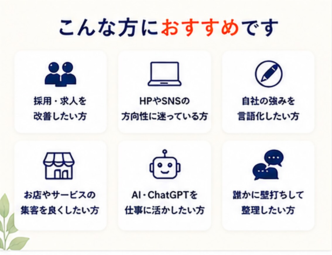 あなたの会社やお店の「魅力」を「見える化」します まだ気づけていない「魅力」「強み」を一緒に言語化しましょう！ イメージ4