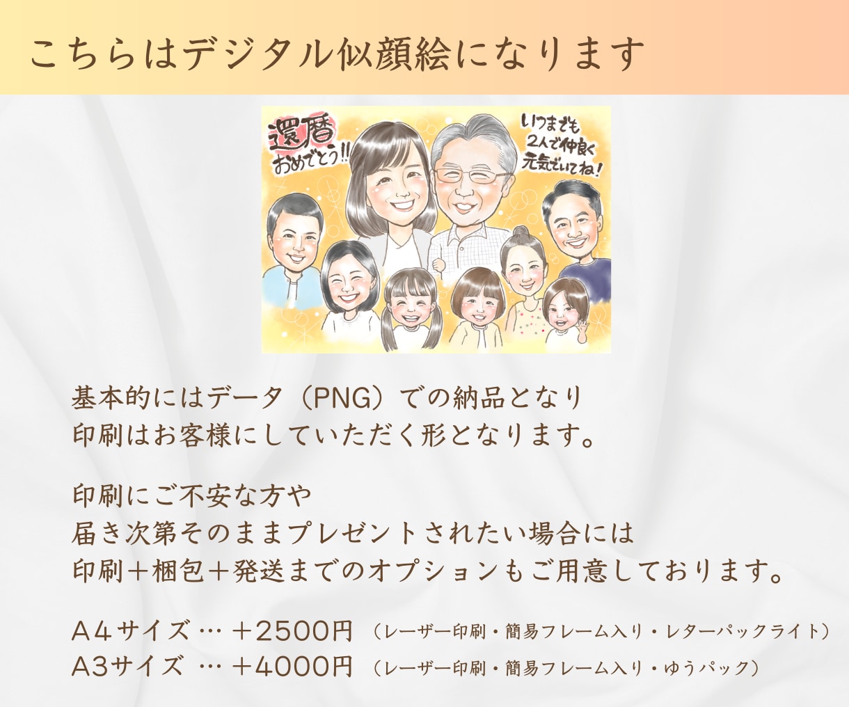 大人数•印刷可☆初依頼◎「家族の絆」お描きします 還暦や米寿、結婚記念日、退職祝いに感謝を届ける一枚 イメージ6
