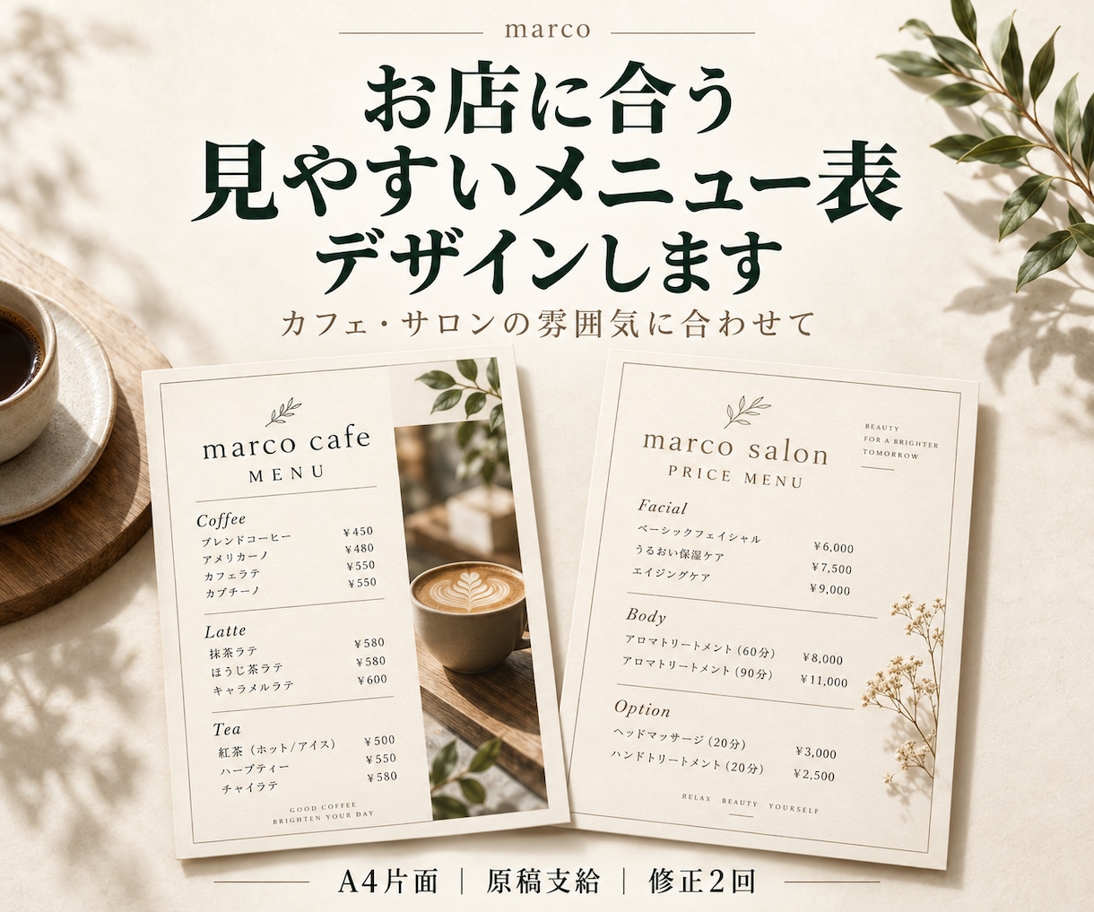お店に合う見やすいメニュー表をデザインします カフェ・サロンに。A4片面・原稿支給・修正２回 イメージ1