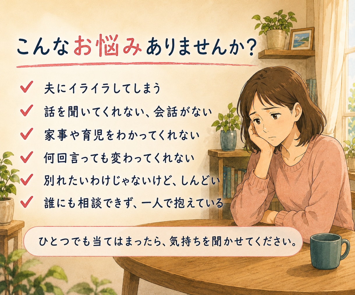 夫へのモヤモヤ・不満、否定せずお聴きします 正論より、まず「わかってほしい」その気持ちに寄り添います イメージ2