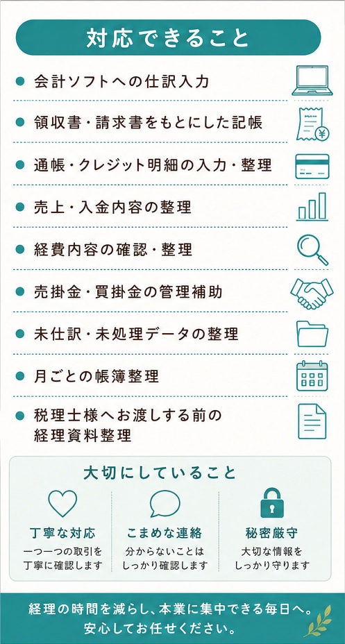 溜まった経理・会計入力を丁寧に整理します 経理実務約30年｜日々の経理を丁寧にサポート イメージ3
