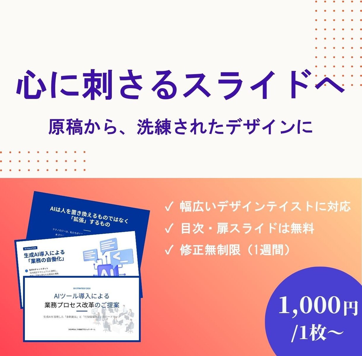 丸投げOK！原稿から相手を動かすスライドにします 低価格・高品質な伝わるビジネス用スライドを作成します イメージ1
