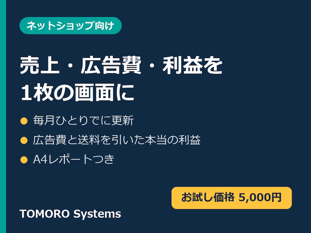 ネットショップの売上・利益を自動で見える化します 毎月ひとりでに更新。広告費と送料を引いた本当の利益が分かる イメージ1