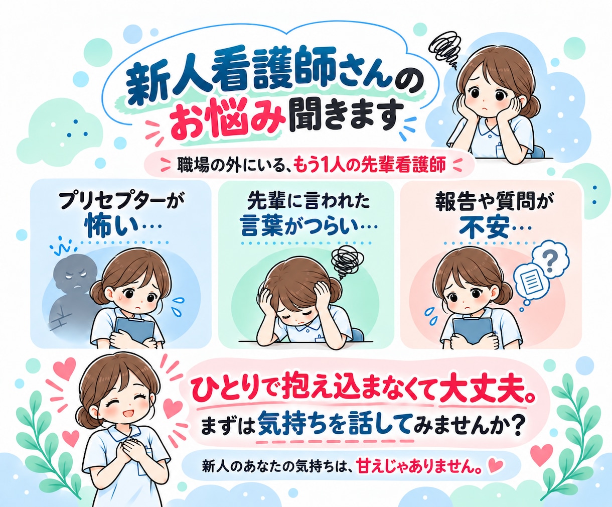 新人看護師さんのお悩み聞きます 元プリセプターが職場で言えない本音に寄り添います イメージ1