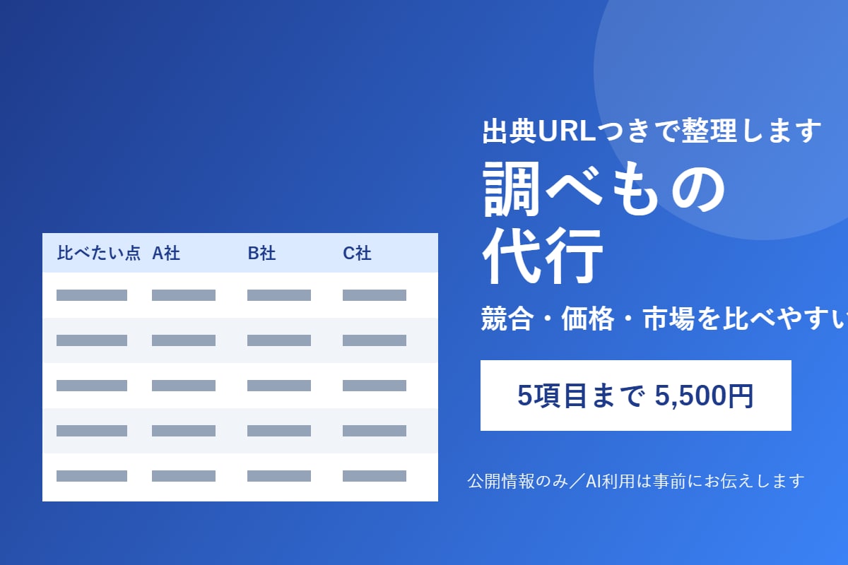 ネット情報を調べて表にまとめます 競合・価格・市場の調べものを、出典つきで整理します イメージ1