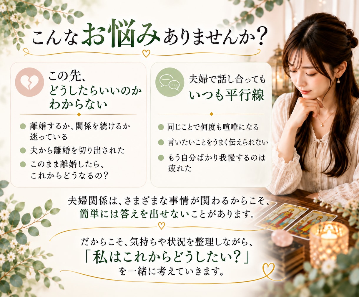 夫婦関係｜離婚・喧嘩・モラハラの悩みを占います なぜすれ違う？どう関わればいい？これからの選択肢を一緒に整理 イメージ2