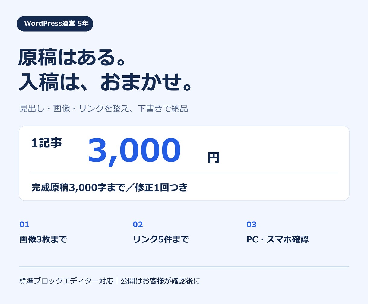 WordPressに1記事から入稿します 1記事3,000円｜見出し・画像・リンクを整理 イメージ1