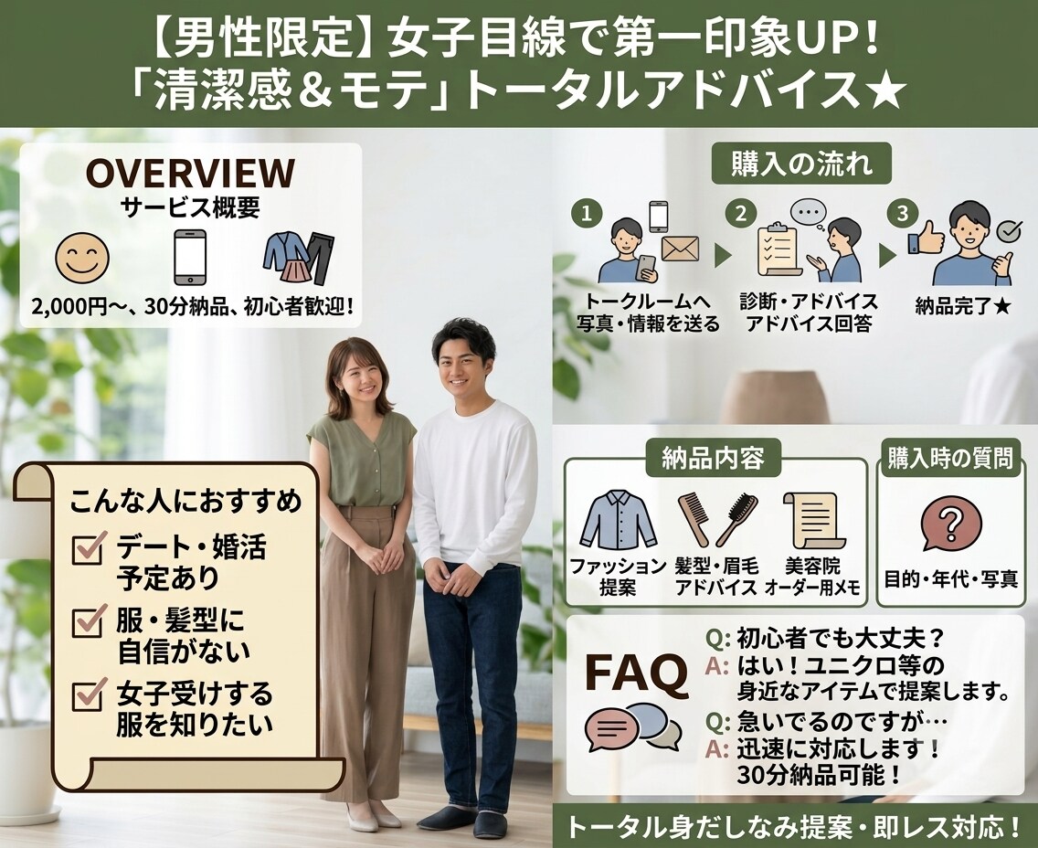 男性限定⭐︎女子目線で第一印象UP！します 服・髪型・眉毛・美容まで「清潔感＆モテ」トータルアドバイス★ イメージ2