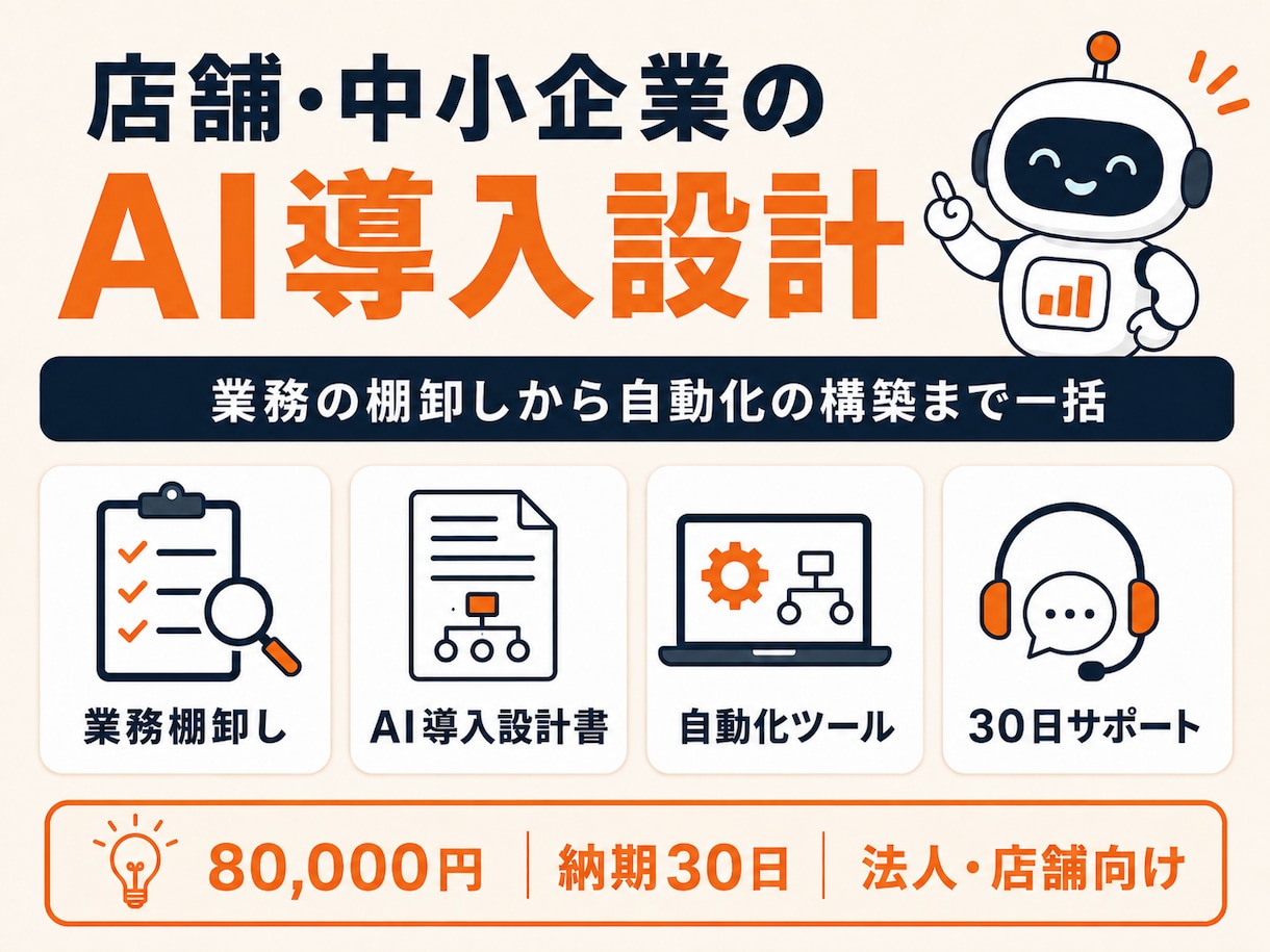 店舗・中小企業のAI導入を業務ごと設計します 業務の棚卸し→AI化設計→自動化ツール構築まで一括で イメージ1