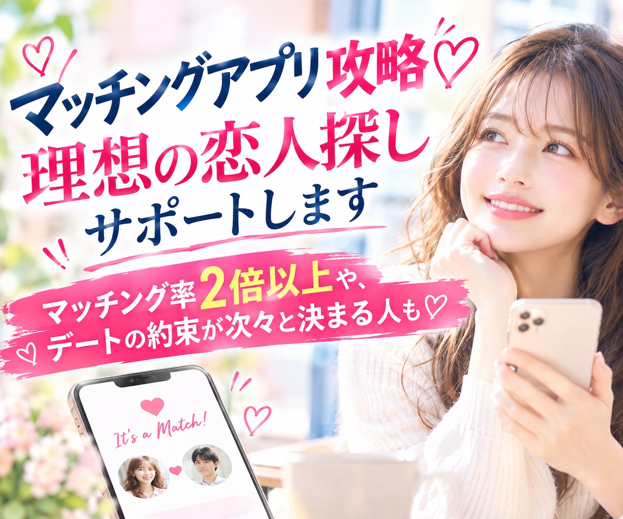 マッチングアプリ攻略♡理想の恋人探しサポートします マッチング率2倍以上やデートの約束が次々決まる人も♡ イメージ1