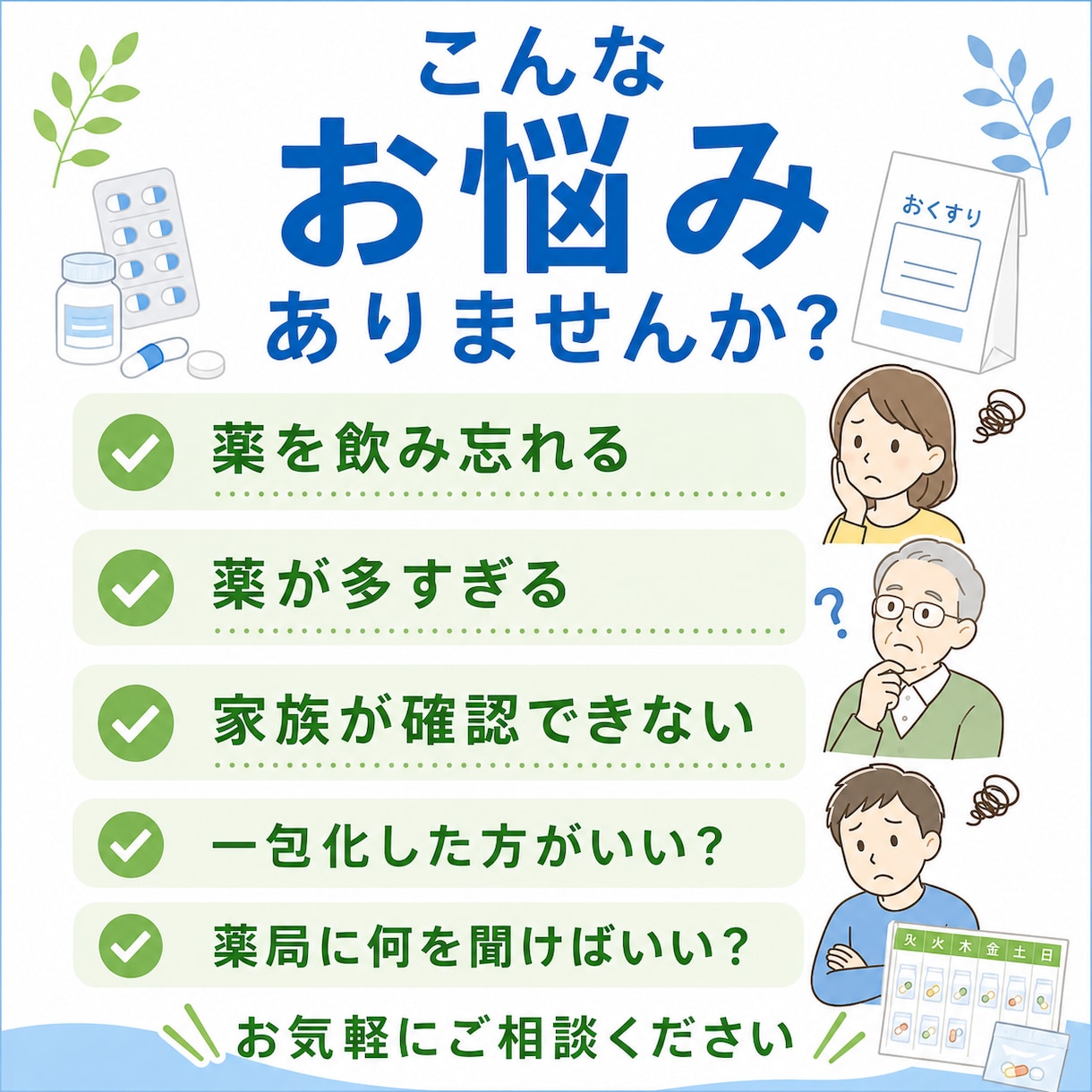 高齢者の親の薬管理・飲み忘れ対策を整理します 薬局や主治医に相談するポイントを一緒に整理します。 イメージ2