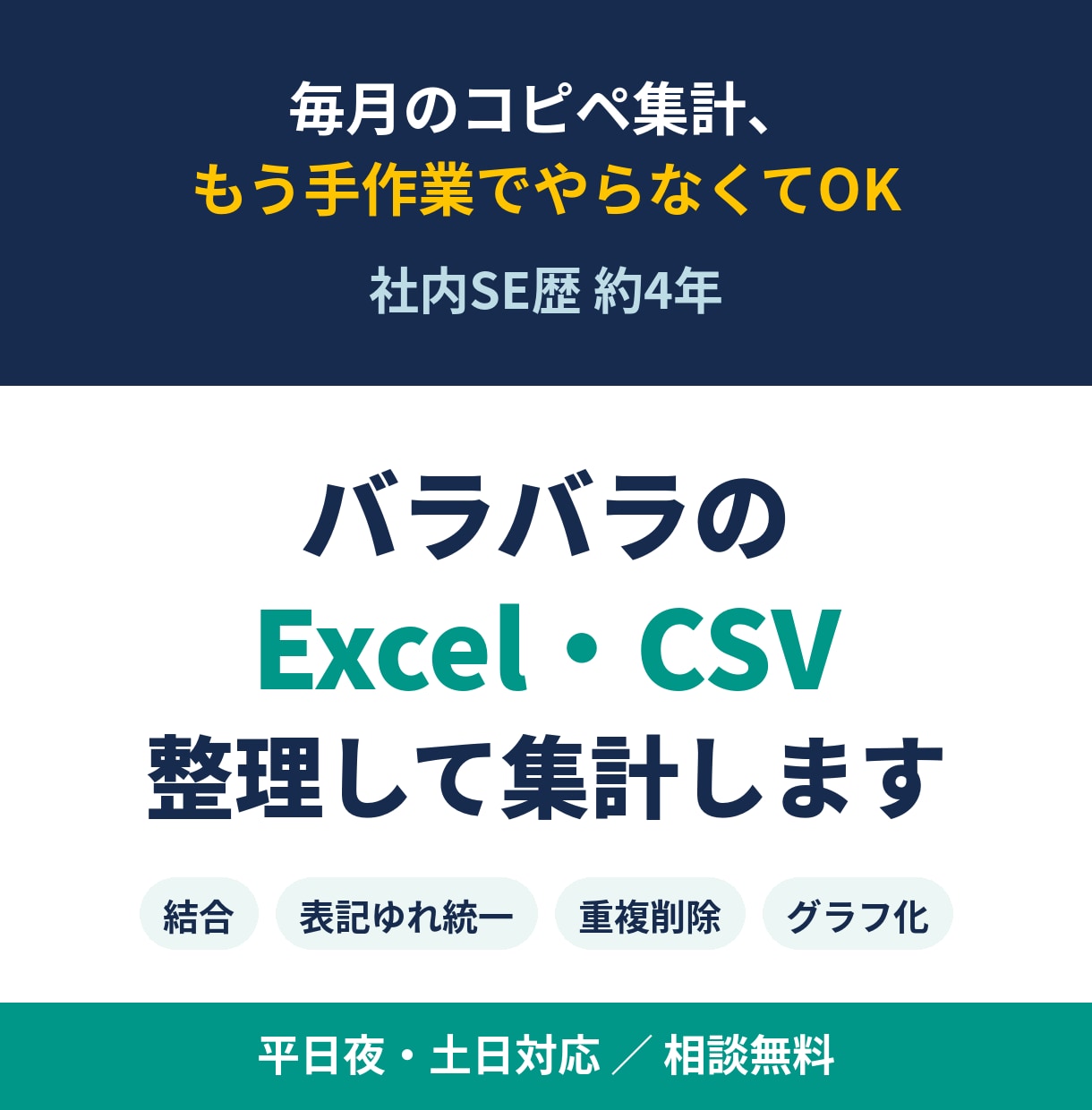 バラバラのExcel・CSVを整理して集計します 毎月の集計作業を、ボタン1つ・数秒の作業に イメージ1