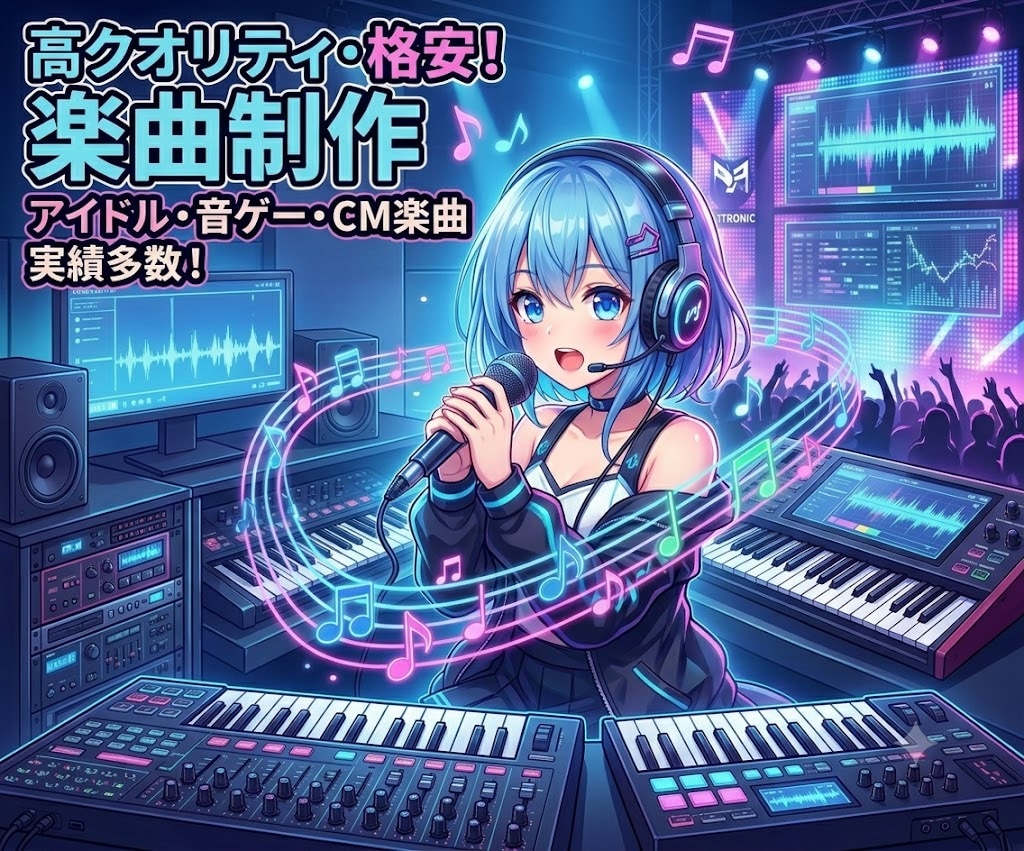 高クオリティの楽曲をおまかせで格安で楽曲制作します アイドル、音ゲー、CM楽曲、大手ゲームメーカーなど実績あり イメージ1