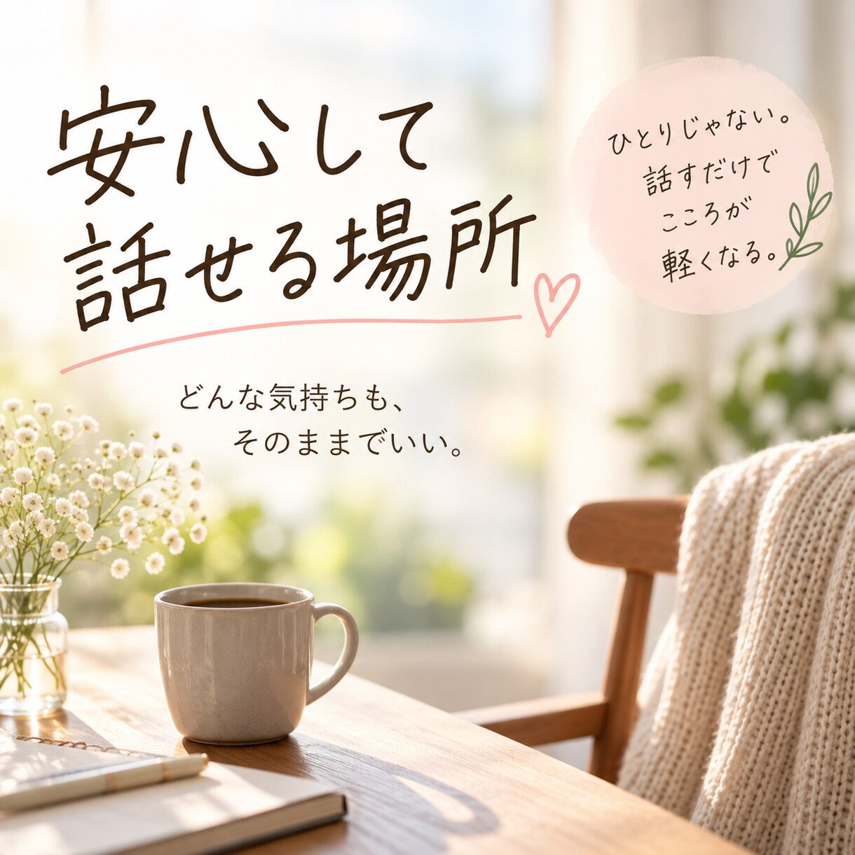 誰にも言えない悩みやモヤモヤをやさしくお聴きします ひとりで頑張るあなたへ。40代の私がそっと寄り添います イメージ3
