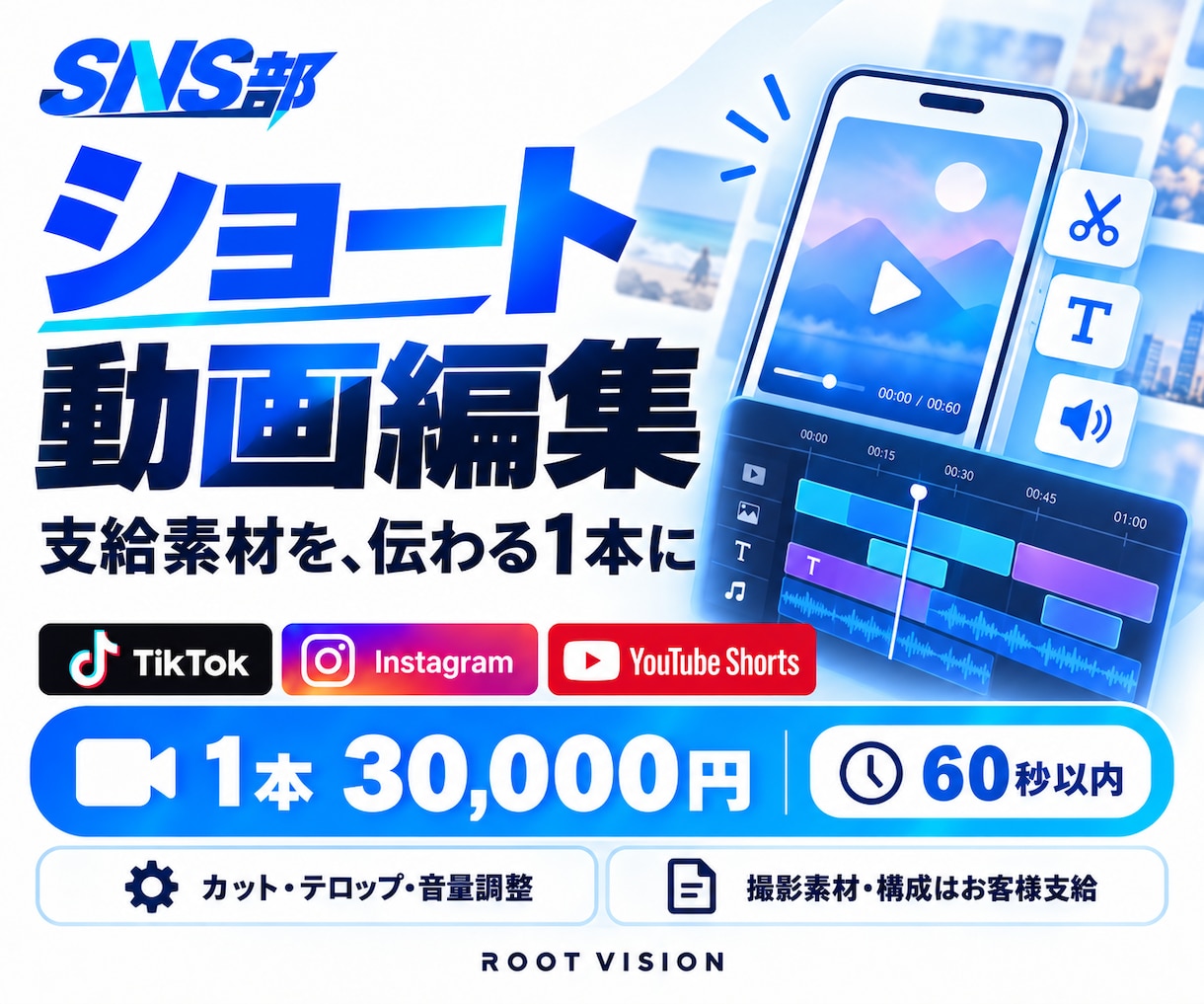 60秒以内のショート動画を1本編集します SNS部｜編集のみ1本3万円・素材と構成は支給 イメージ1