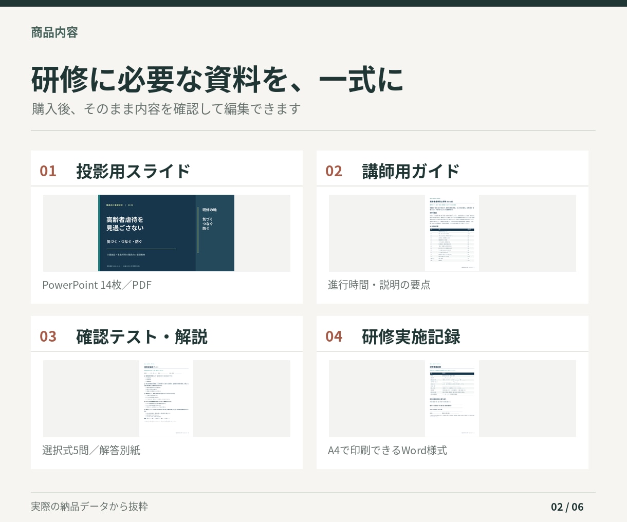 高齢者虐待防止研修の教材一式をお届けします 30分研修用｜スライド・講師ガイド・テスト・記録様式 イメージ2