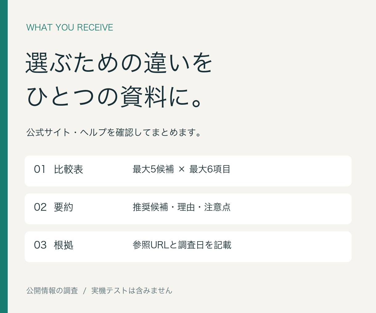条件に合うサービスを調べて比較表にまとめます 最大5候補・出典付き／やり取りは文章だけ イメージ2
