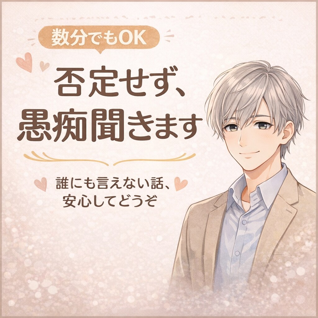 誰にも言えない愚痴や悩み、ゆっくり聞きます 優しく寄り添いながらお話し聞きます イメージ1