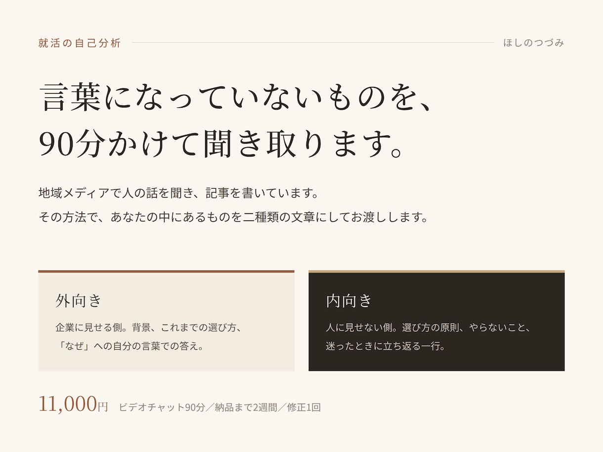 就活の自己分析を90分聞いて言葉にします テンプレではない、あなた自身の言葉を見つけます イメージ1