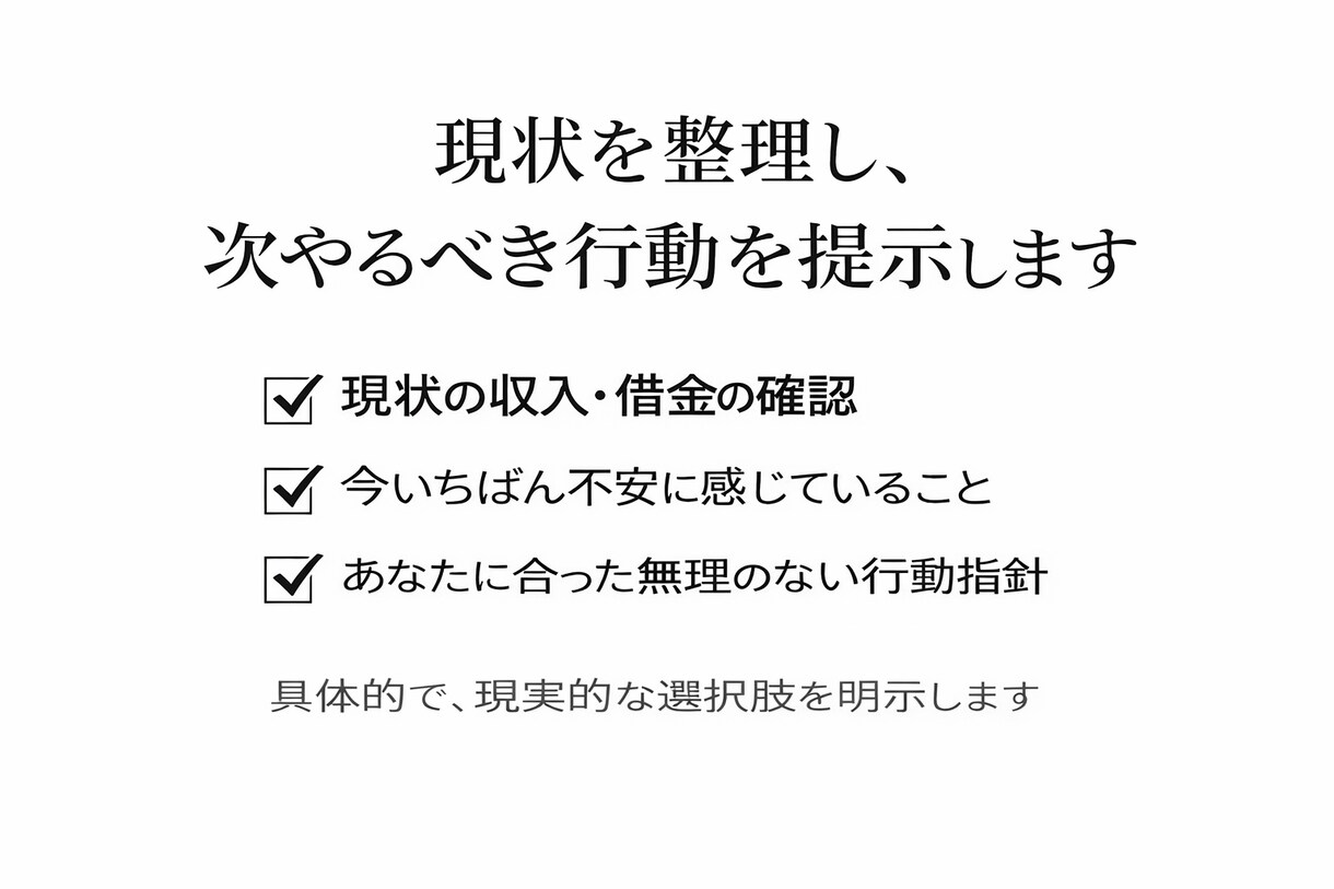 今の状況を整理し行動指針を提示します 現状を整理し無理のない行動を提示 イメージ1