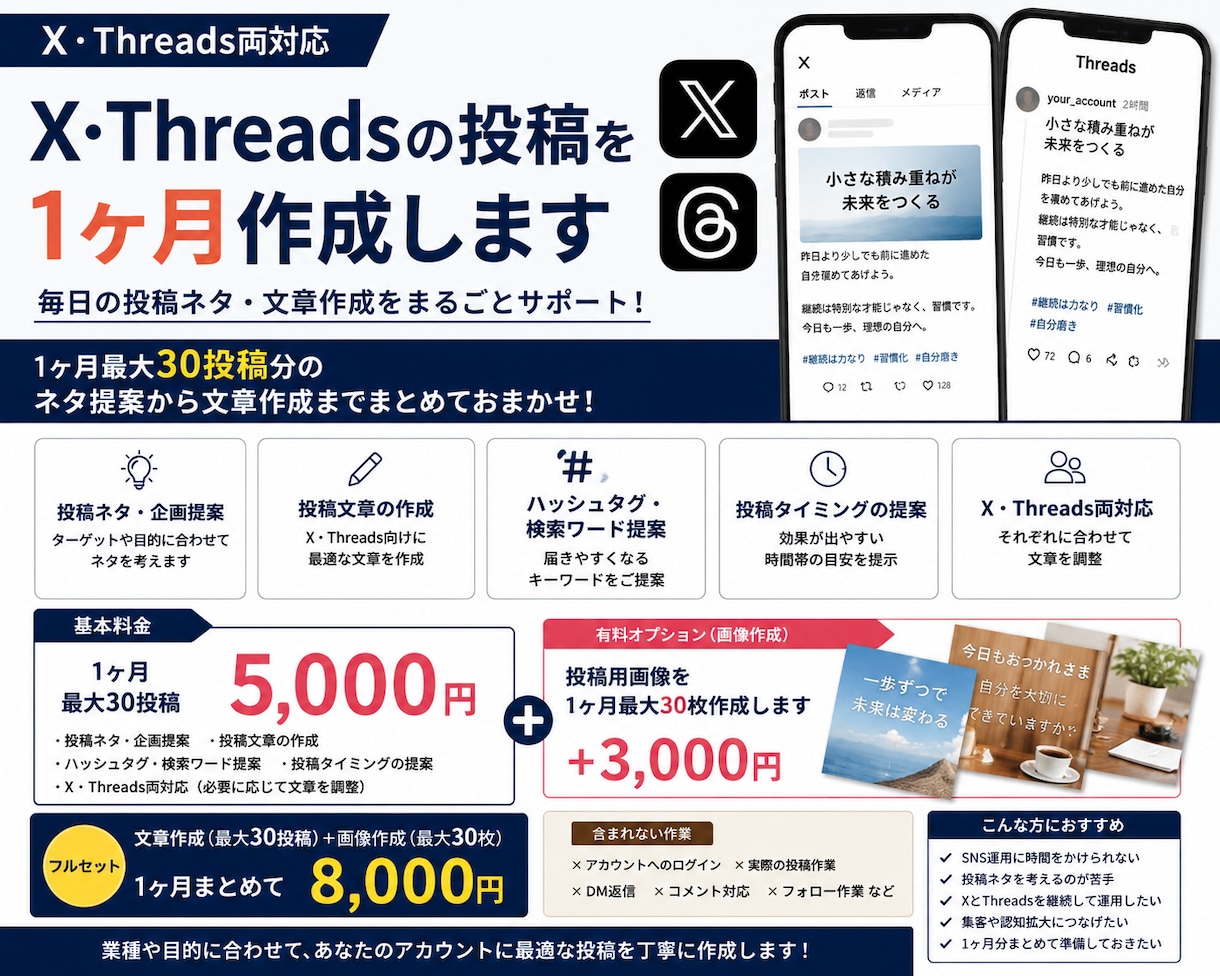 X・Threadsの投稿を1ヶ月作成しますます 毎日の投稿ネタ・文章作成をまるごと代行 イメージ1