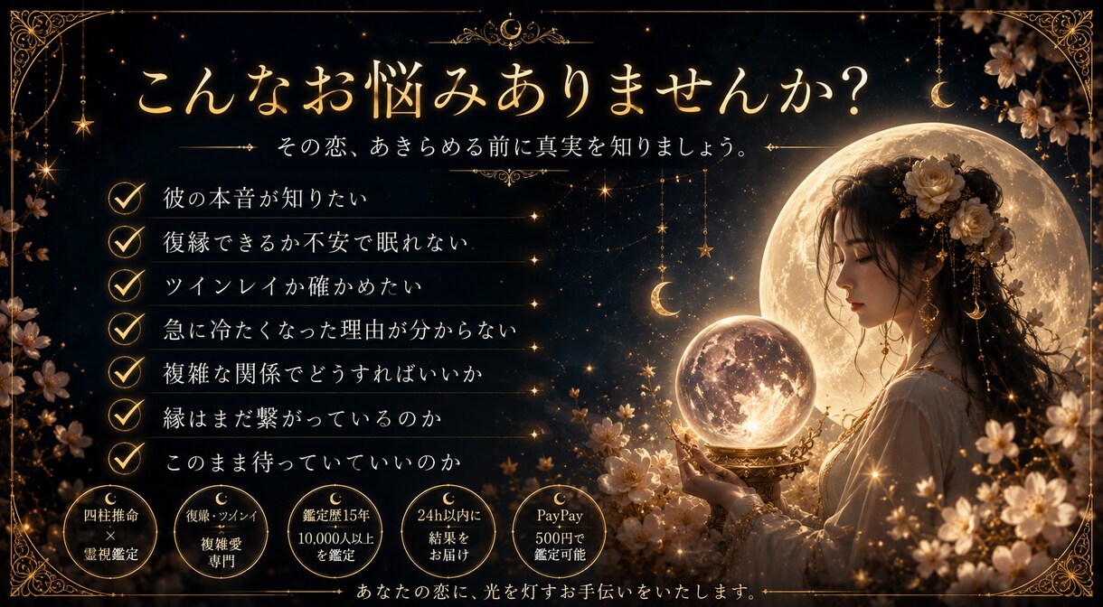 霊視×四柱推命で縁の真実を視ますます 鑑定歴15年・復縁片想い複雑愛専門・爆速24時間以内 イメージ3