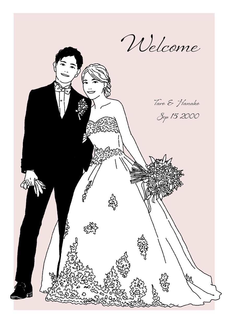 シンプルで優しい雰囲気のウェルカムボード制作します 味わいのある手描きの似顔絵イラスト・水彩風カラーにも変更可能 イメージ9