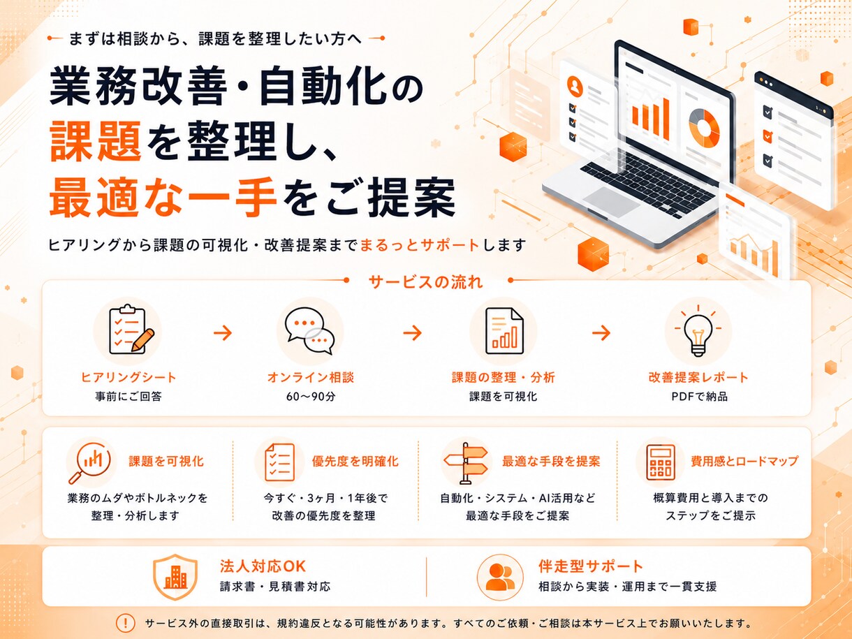社内の手作業・Excel業務改善を相談できます AI・自動化・システム化、まず何から始めるかを整理します イメージ1