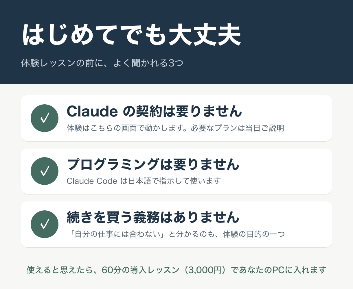 初回限定｜ClaudeCodeを30分で試せます 導入前に、ClaudeCodeを自分の仕事で試せます イメージ3