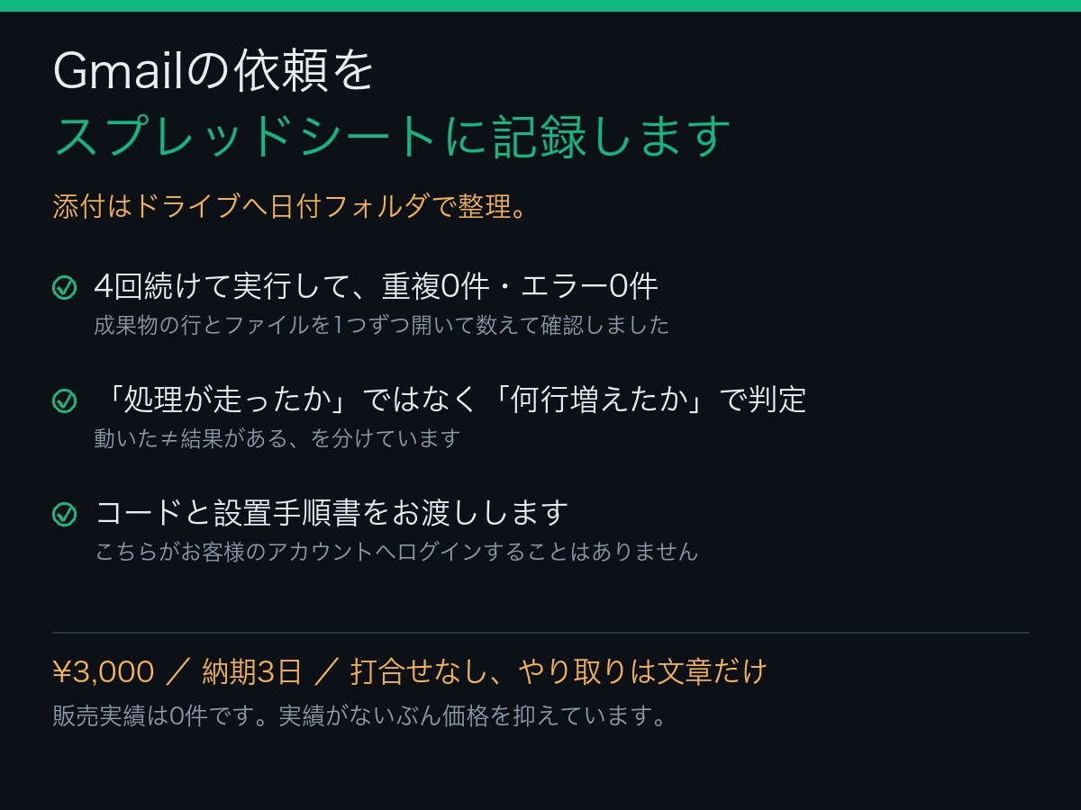 Gmailの依頼をスプレッドシートに記録します 4回実行して重複0・エラー0。打合せ不要でコードをお渡し イメージ1