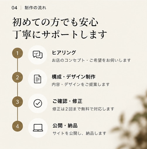 店舗向けホームページを制作します お店の雰囲気が伝わる、シンプルで上質なWebサイトを制作 イメージ4