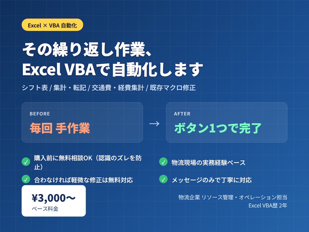Excel VBAで業務自動化ツールを作成ます シフト表/配置/交通費・経費集計/データ転記 イメージ1
