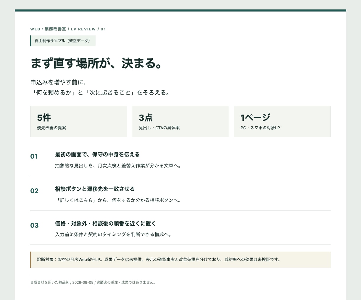 LPの改善点を優先順位つきで診断します どこから直すか、根拠と具体案を一枚に イメージ2