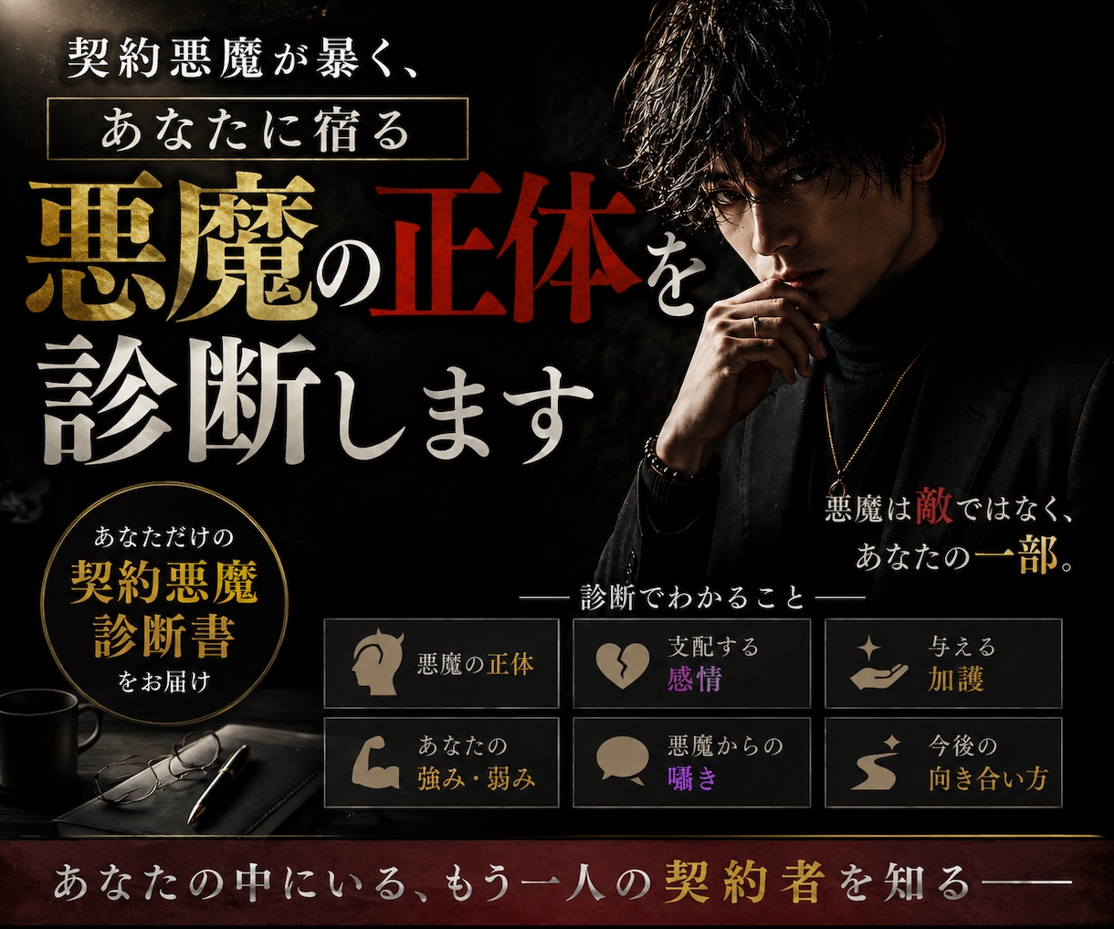 契約悪魔が暴く、あなたに宿る悪魔の正体を診断します あなたを苦しめ、惑わせ、そして支えている存在を読み解きます。 イメージ1