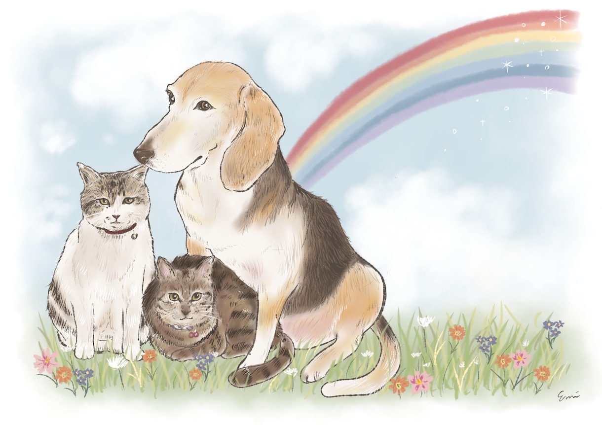 ほっこり優しいタッチのペット似顔絵描きます 華やかなお花のフレームイラスト付き♪インテリアにもアイコンに イメージ5