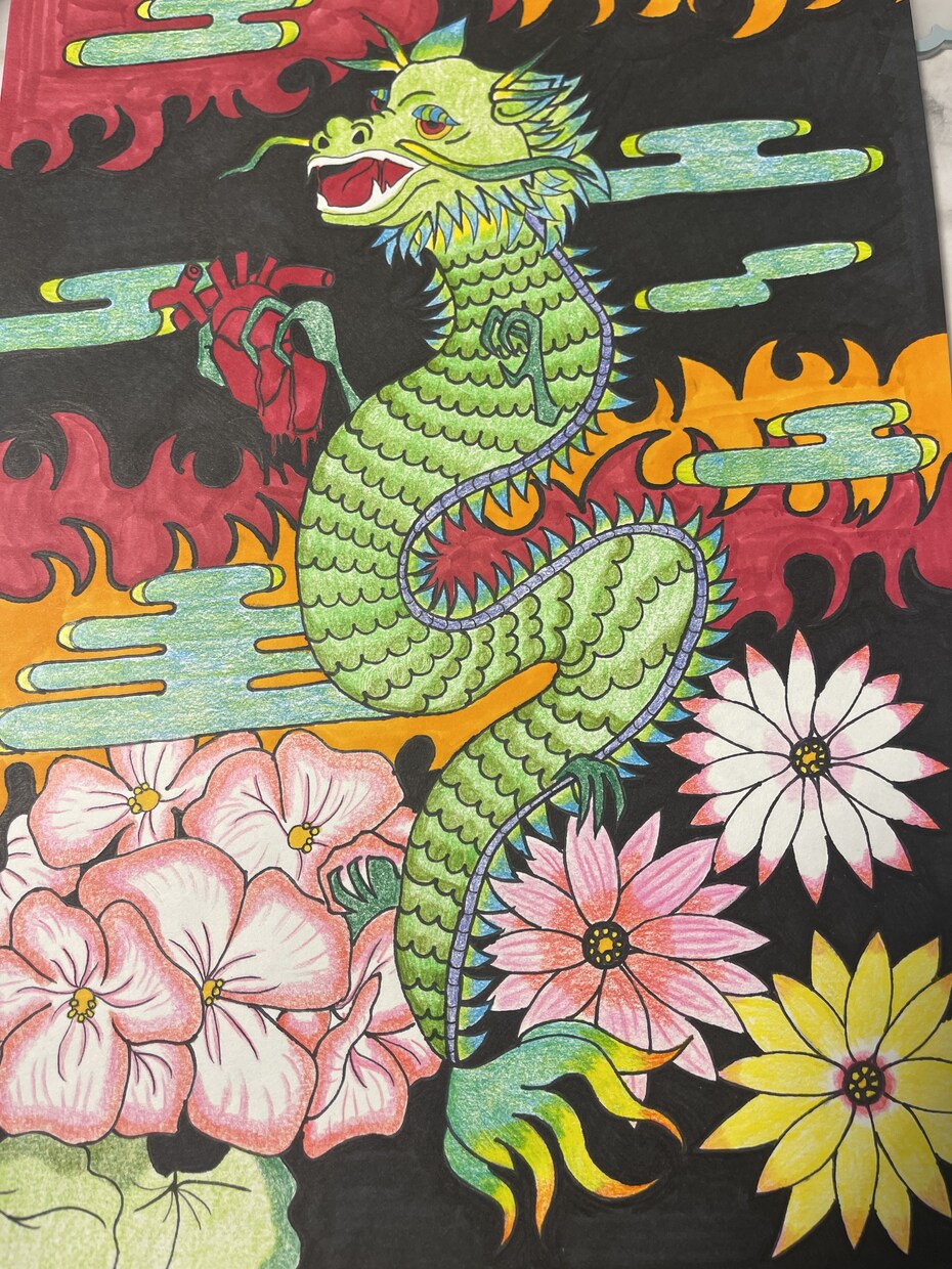 自己の感情を表現した作品を作成します 作品名：心臓を握る昇竜　初めて昇竜描きました。 イメージ3